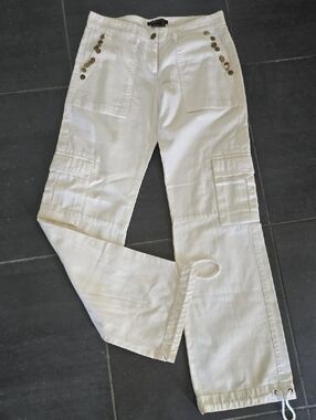 BCBGMaxAzria White Denim Cargo Pants with Brass Jingle Detail